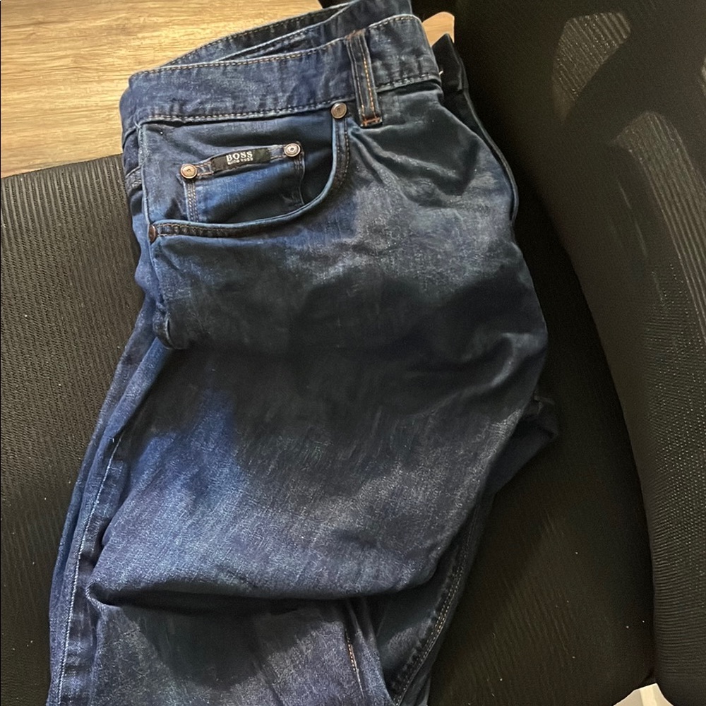 Hugo Boss Blue Straight Jeans with Distressed Indigo Wash